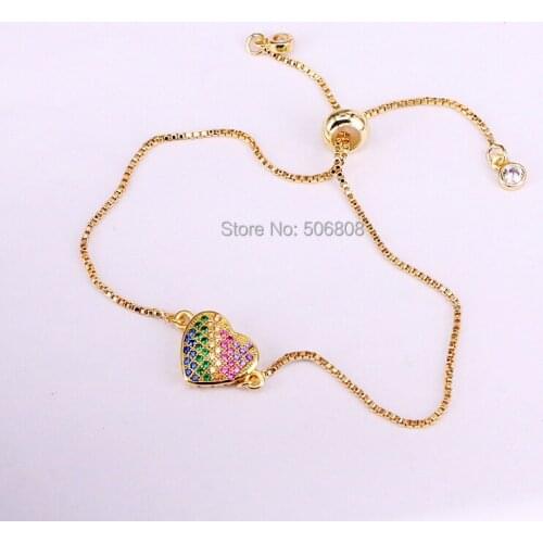 12PCS ZYZ-B1432 Trendy CZ Zircon Heart Charm Bracelet Womens Adjustable Chain Rainbow Heart Bracelets Bangles Jewelry Gift