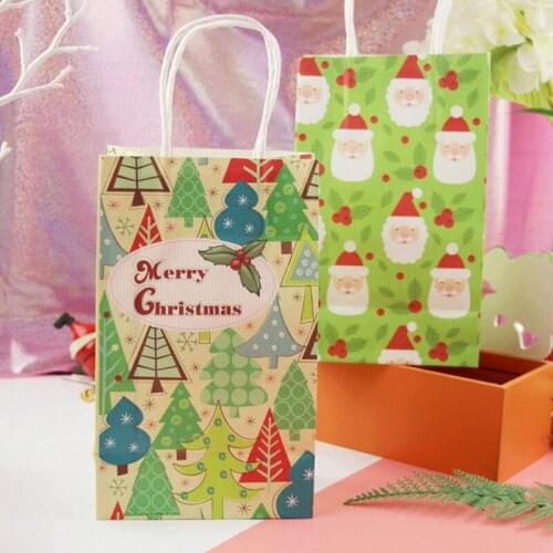 20pcs Santa Claus Christmas Tree Pattern Kraft Paper Bags Bread Food Candy Paper Bags Birthday Party Favor Gift Bag