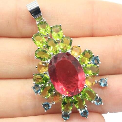 47x25mm Multi Color Long Big Created Tourmaline Peridot Blue Topaz Citrine Smokey Topaz Dating Silver Pendants Eye Catching