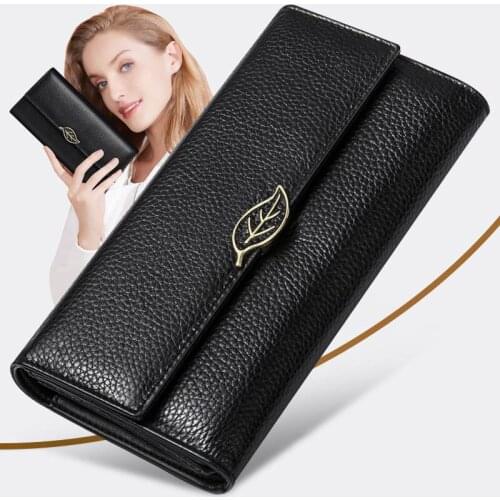 RFID Blocking Safe Genuine Leather Long Wallet for Women Luxury Hasp Clutch Purse Coin Card Holder with Metal Leaf Decoration