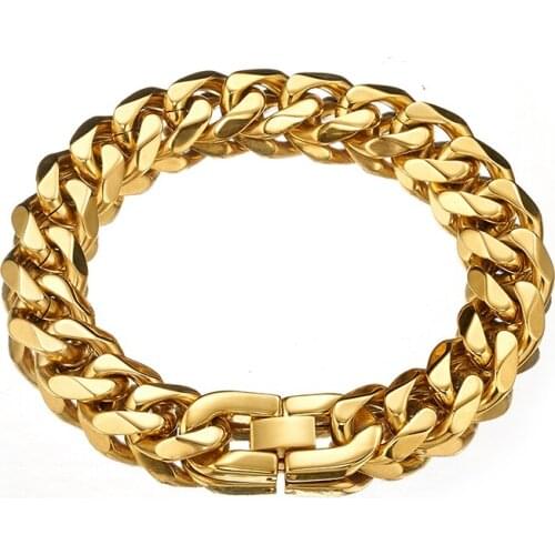Newest Arrival Gold Color 15mm Wide Curb Cuban Link Chain Bracelet For Men Stainless Steel 7-11 Inches Free Customization
