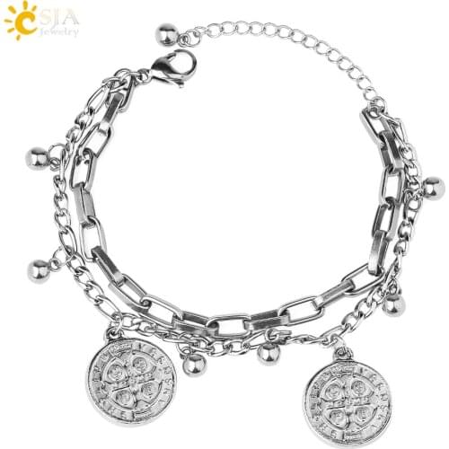 CSJA Bangles Mens Stainless Steel Bracelet for Women Coin Tag Round Jesus Charms Wrist Bracelets Woman 2020 Christian Gift S746