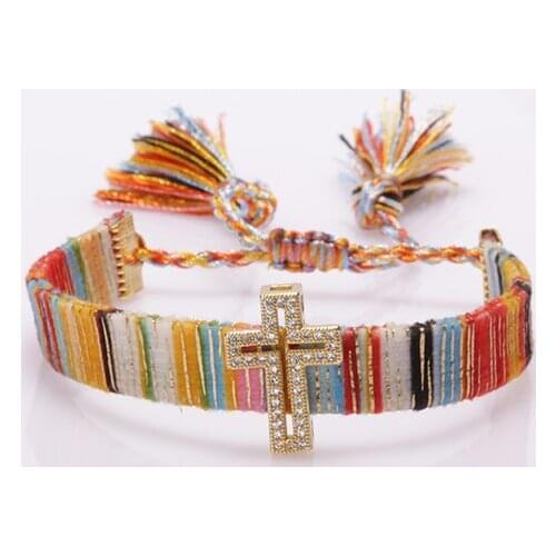 Ethnic boho white cz paved cross sign soft cotton silk tassel band charm adjustable woman bracelet for gift