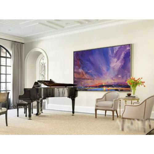 Original Handmade Oil Painting Night View Of Coastline Sky Abstract Painting Coastal Landscape Painting Large Wall Home Decor