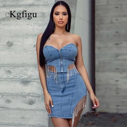 KGFIGU 2021 New Arrival Denim Material Good Quality Asymmetric Off Shoulder Sexy Clubwear Birthday Gift Two Pieces Set