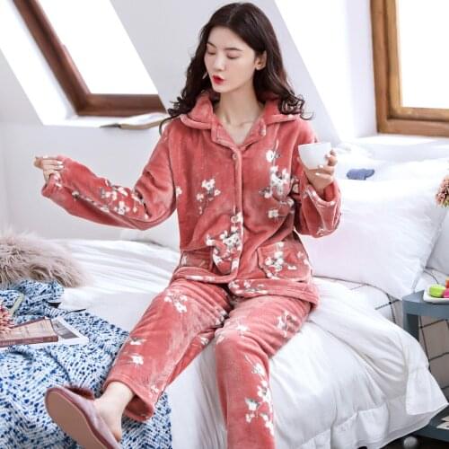 Womens Thicken 2 Pieces Flannel Pajamas Set Flower Printed Pyjamas Women Soft Long Sleeve Sleepwear Sets Autumn Winter Homewear