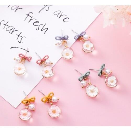 Korean Fashion Girl Heart Bowknot Pearl Flower Earrings Sweet Glazed Cherry Blossom Bulb Earrings Fresh and Versatile Earrings