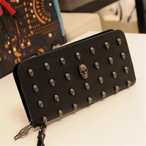 Hot Sale Women Wallets Metal Skull Wallet Card Purse Leather Wristlet Portefeuille Handbags Carteira Feminina