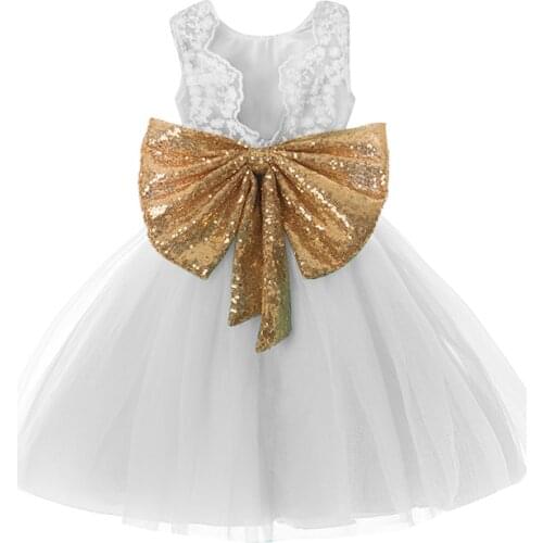 Fancy Dress For Girl Princess Party Wedding Backless Gold Bow Costume Baby Girls Baptism Christening Gown 1st Birthday Dresses