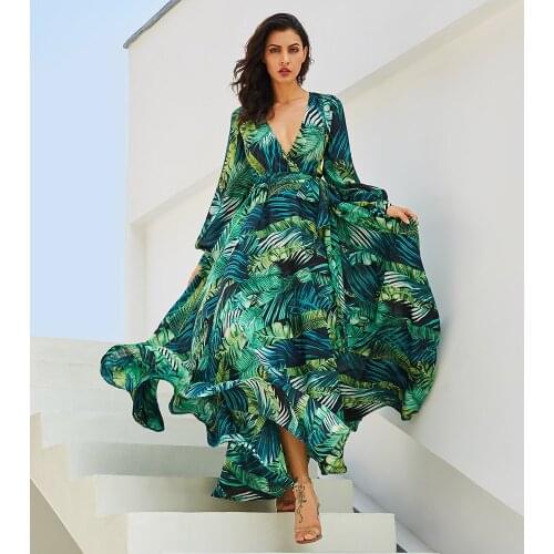 New Lantern Sleeve V-neck Green Leaf Printed Skirt Large Sleeve Skirt Thicker Version