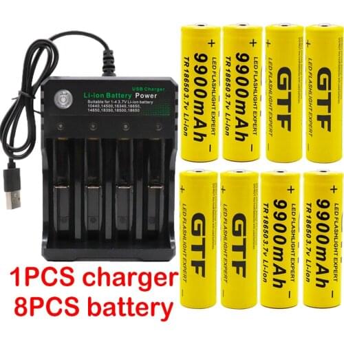 Original GTF 18650 Lithium ion Batteries Flashlight 18650 Rechargeable-Battery 3.7V 9900 Mah for Flashlight + USB Charger