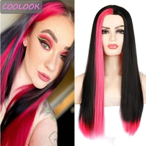 24 Inch Black Long Straight Wig with Red Hair Ombre Two-Color Cosplay Wigs for Black Women Heat Resistant Lolita Wig Middle Part