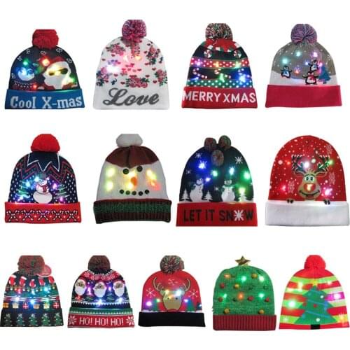 Christmas Hats Knit Warm Hats Beanie Sweater LED Light Knit Hat Christmas Santa Elk Hat Light Up Knitted Hat For Kids Adult Gift
