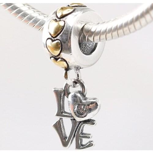 S925 Silver Bead Charm Gold Heart I Love You Pendant Beads for Women Bracelet & Bangle DIY Jewelry