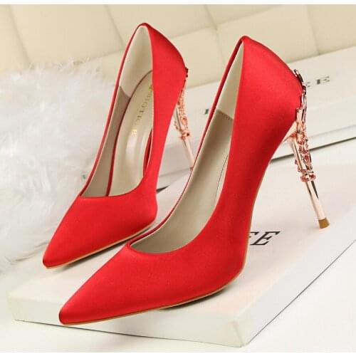 Women Pumps Shoes Satin Carved Metal Heel Solid Slip-On Pointed Toe Shallow 10cm Thin High Heels Sexy Lady Wedding Female Shoes