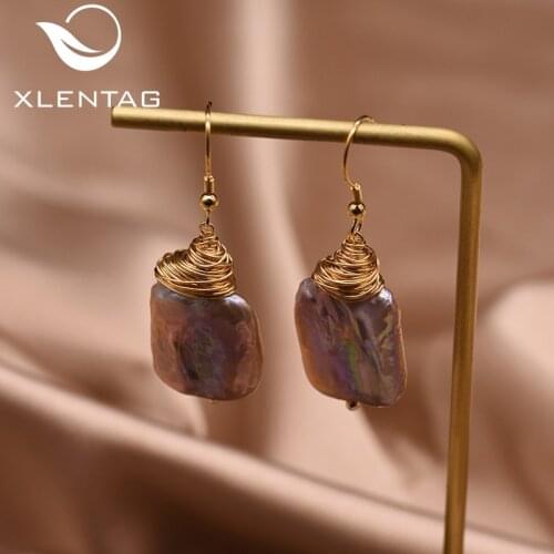Xlentag Natural Purple Square Baroque Pearl Dangle Earrings For Women Handmade Drop Earring Fine Jewelry pendientes mujerGE0902B