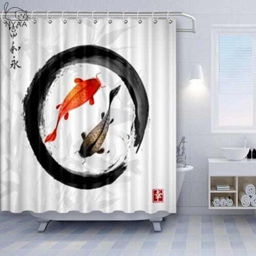 Red and Black Fish Carp in Zen Circle Flower Japanese Sumi-e Pattern Koi Carp Shower Curtain Waterproof Bathroom Curtains Set