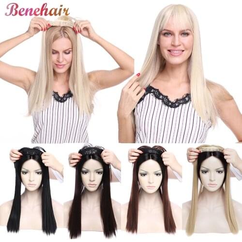 BENEHAIR Topper Hair Wig With Bangs Clip In Hair Extensions Long Straight Clip In Toupee Fake Hair Synthetic Hairpiece For Women