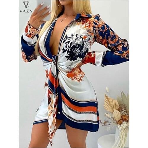 VAZN 2021 Summer Party Print Girl Pleated Full Sleeve Mini Dress Women Elegant Fashion Dress Slim Club Birthday Shinny Dress