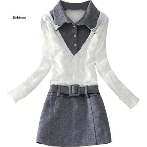 Winter Warm Plus Velvet Dress Women Long Sleeve Casual Patchwork Lace Dresses Elegant Turn-Down Collar A-Line