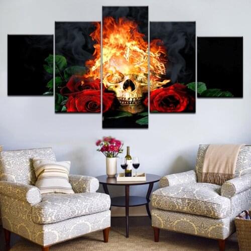 5Panel HD Printed Rose skeleton with flame wall posters Print On Canvas Art Painting For home living room decoration