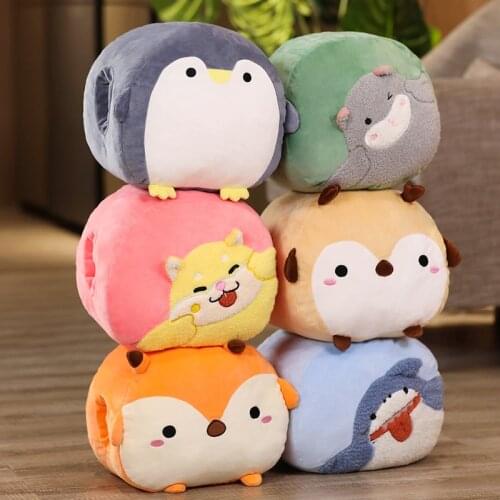 7 Styles Cartoon Cute Animals Hand Warmer Stuffed Shiba Inu Shark Seal Plush Doll Soft Fox Penguin Elk Hamster Pillow Toys Gifts
