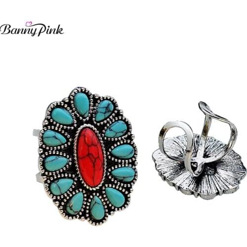 Banny Pink Bohemia style Turquoises Ring for women Vintage Natural Stone Statement Ring Alloy Open Cuff Ring