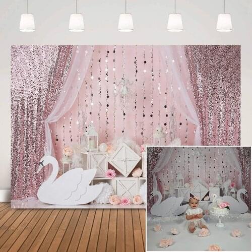Swan Themed Birthday Cake Smash Background Photo Studio Pink Sweet Girl Birthday Party Portrait Backdrop Curtain Photoshoot