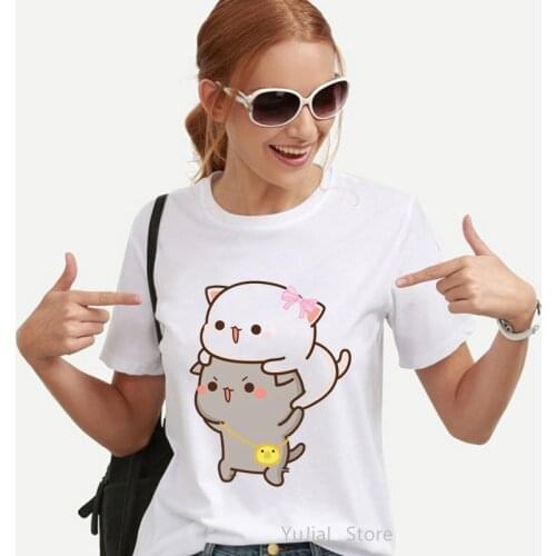 Kawaii WomenS Clothing Vogue Peach And Goma Mochi Cat Cartoon Print Tshirt Femme Korean Style Clothes Harajuku T Shirt Tops