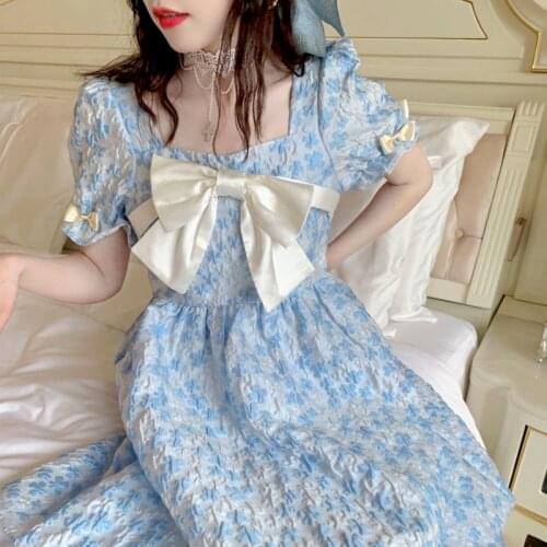 Summer Blue Princess Dress Women Korean Chic Bow Kawaii Elegant Floral Dress Female Japanese Casual Fairy Party Sweet Dress 2021