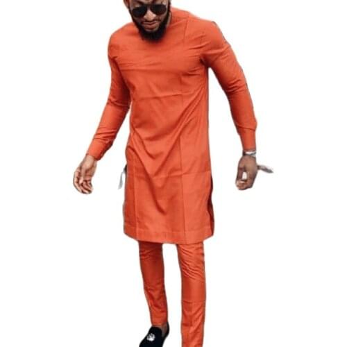 Man Shirts Matching Pants African Fashion Solid Orange Tops+Trousers Custom Made Mens Outfits African Pant Set Party Clothes