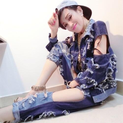 Wholesale New Fashion Ds costume dj female singer jazz dance costumes Pant and Coat Two-piece Sets hiphop cool denim set