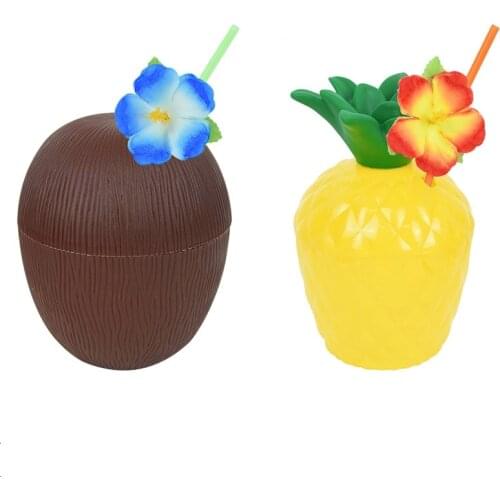 2P/set Pineapple Cup Coconut-cup Plastic Drinking Juice Straw Summer Hawaii Beach Party Luau Birthday Party Decoration Supplies