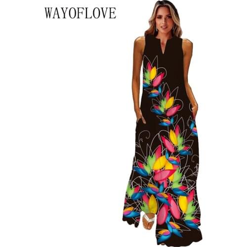 WAYOFLOVE New Floral Print Plus Size Blakc Dress 2021 Elegant Casual Long Dresses Woman Summer Beach Sleeveless Maxi Dress Women