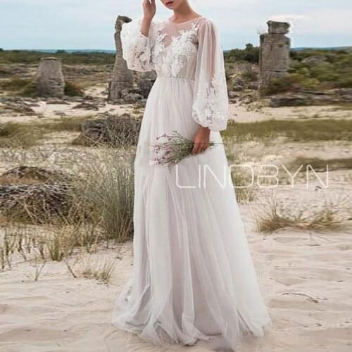 Simple Wedding Dress boho 2021 A Line Tulle Jewel Neck Long Sleeves Lace Appliques Flower Elegant Bridal Dresses Plus Size