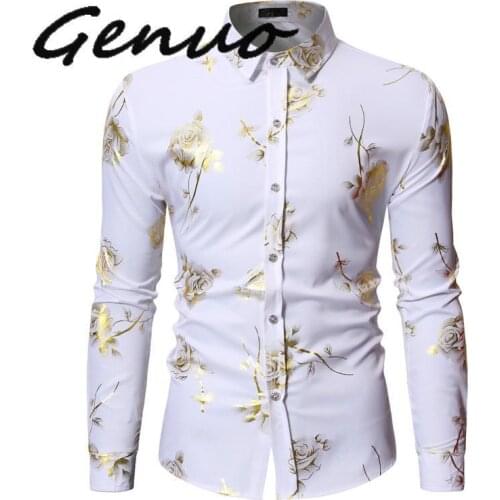 Mens Gold Rose Floral Print Shirts 2020 Brand Floral Steampunk Chemise White Long Sleeve Wedding Party Bronzing Camisa Masculina