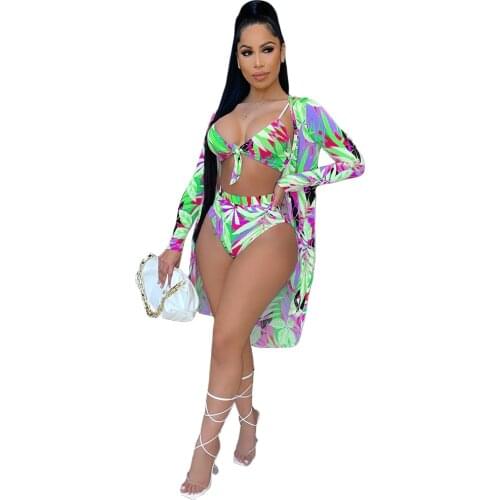 Sexy Swimwear 3 Piece Bikini Sets Summer Outfits for Women Bra Top and Beach Shorts and Long Sleeve Cover Up Vacation Tracksuit