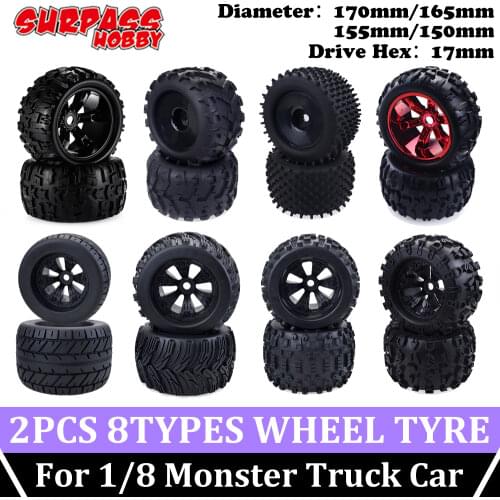 SURPASS HOBBY 2PCS Tyre 170MM 165MM 155MM 150MM Weel Monster Truck Tires Wheels 17mm Hub Hex for 1/8 RC Car Redcat Traxxas Trx4