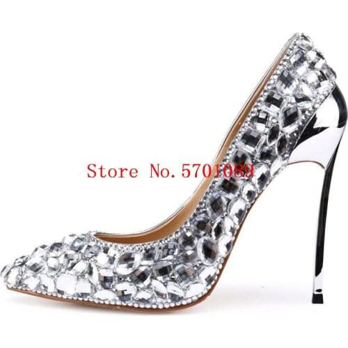 Metal Stiletto High Heel Bride Princess Bridesmaid Cinderella Goddess Luxury Glass Diamonds Rhinestone Pumps 120mm Heels