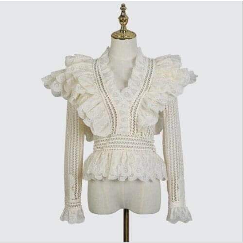 Lace Shirts For Women Hollow Out Crochet Ruffles V-Neck Long Sleeve Tops Spring New Vintage Streetwear
