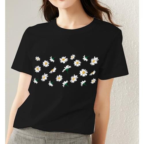 Women Fashion Daisy Pattern T-shirt Simple Black Print Female Short Sleeve Tops Classic O-Neck Tee Dropshipping Womens Clothing