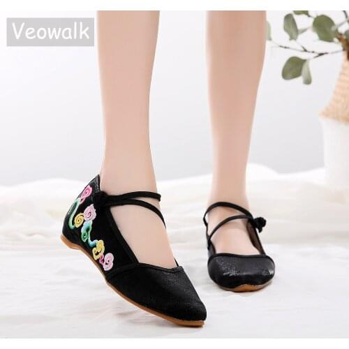 Veowalk Women Glossy Satin Cotton Pointed Toe Ballet Flats Ankle Strings Chinese Embroidery Ballerinas Shoes for Elegant Ladies