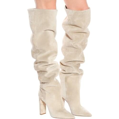 Beige Slouchy Boots Women Over the Knee Boots Woman New Design Fur Warm Whiter Shoes Faux Suede Pointed Toe Chunky Block Heels