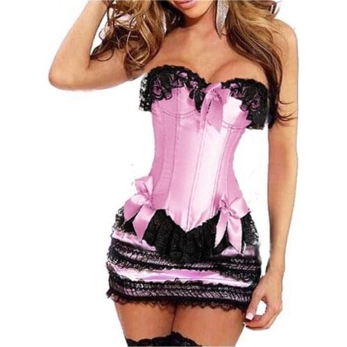 Pink burlesque corset dress with ruffled skirt gothic bustier corselet skirt set sexy black lace up fashion korsett for women