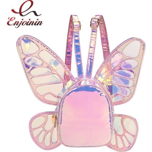 Fashion Womens Laser Mini Backpack Butterfly Angel Wings Daypack for Girls Travel Casual Daypack School Bag Holographic Leather