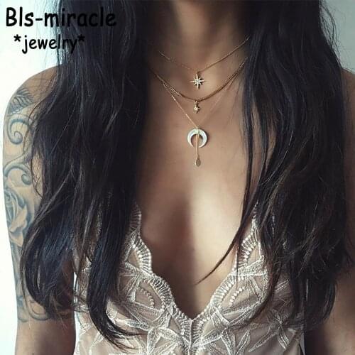 Boho Fashion Vintage Gold Necklaces For Women Crystal Sun Sorns Sequin Pendant Necklace Multilayer Female Jewelry Valentine Gift