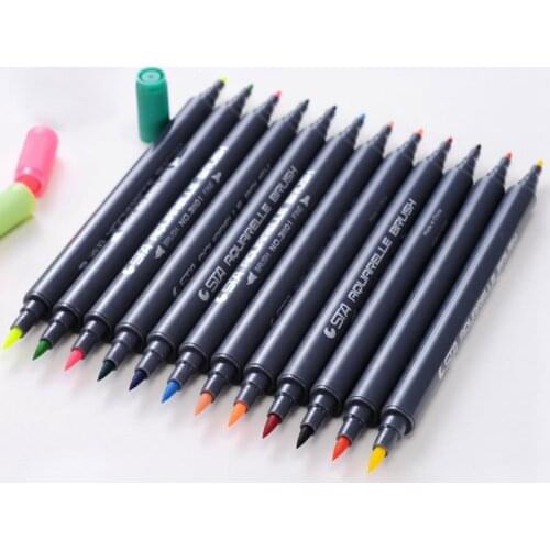1 pcs Random Color Watercolor Marker Double Heads Art Marking Pen Soft+Hard Head Liner Drawing Tools School Office Stationery