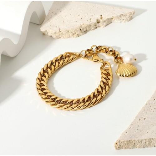 18K Gold Plated Stainless Steel Shell Freshwater Pearl Bracelets For Women Double Cuban Chain Chunky Bracelets Party Jewelry