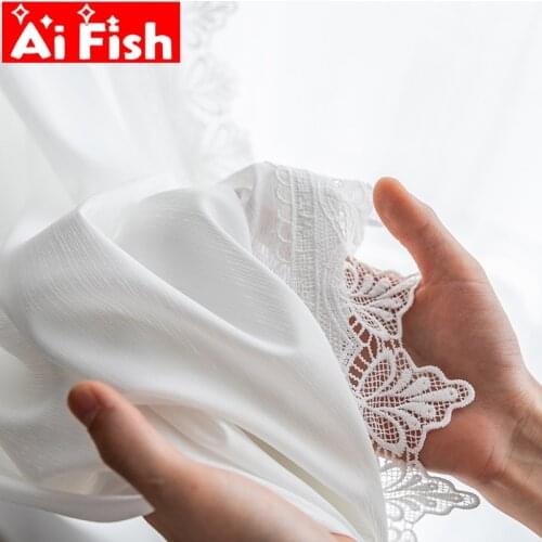White Soft Chiffon Solid Tulle Sheer Curtains with Water Soluble Lace for Living Room Romantic Bedroom Window Voile Drapes #35