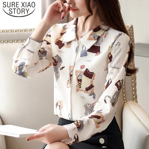 Korean Styele Women Blouses and Tops 2021 Blusas Mujer Chiffon Blouse Print Button Long Sleeve Shirts for Women Tops 7129 50